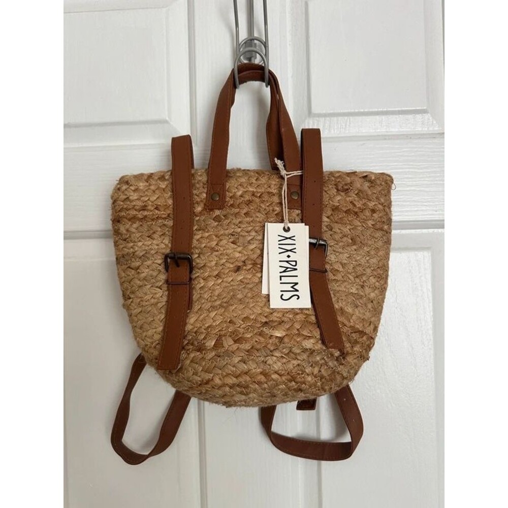 Coastal Boho Jute Backpack Purse Leather Straps
